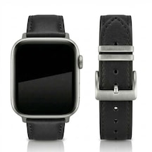 Apple Watch Uyumlu İnce Siyah Deri Kordon Metal Köprülü