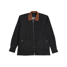 Tudors Erkek Regular Fit Rahat Kesim Kadife Yaka Fermuarlı Denim Siyah Ceket Gömlek-46099 Siyah