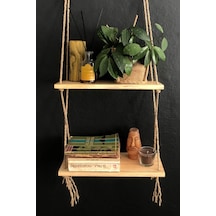 O&Awood 2 Katlı Ahşap Çiçeklik, Halatlı Doğal Ahşap Dekoratif Duvar Rafı,