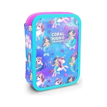 Coral High Kids Mor Pembe Unicorn Deniz Kızı Desenli Çift Katlı Kalem Çanta 11138 Çok Renkli