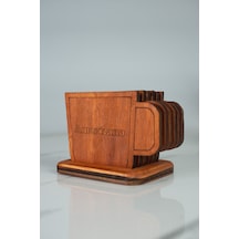 Kahve İsimli 6 Lı Fincan Formu Ahşap Bardak Altlığı Seti - Standlı Meşe