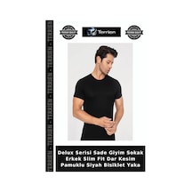 Terrien Delux Serisi Sade Giyim Sokak Erkek Slim Fit Dar Kesim Pamuklu Siyah Bisiklet Yaka