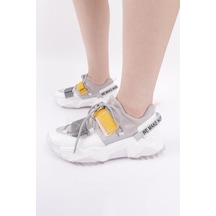 Dgn 65140-22y Kadın Mega Kalın Taban Simli Cırtlı Sneakers Ayakkabı 65140-2027-R6450 Beyaz - Gri - Sarı