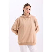 Pastelastore Pamuklu Kapüşonlu 2 İplik Baharlık Oversize Sweatshirt Bej