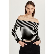 Tudors Kadın Slim Fit Dar Kesim Fitilli Straplez Çizgili Bluz-33976 Siyah - Beyaz