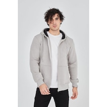 Erkek 3 İplik Pamuklu Fermuarlı Kapüşonlu Kanguru Cepli Hoodie Hırka Sweatshirt - Boyalı Gri