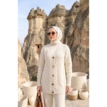 Sayzen Your Shine Trend Saç Örgülü Düğmeli Tunik Hırka Ekru