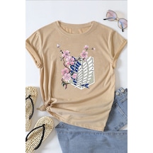 Unisex Flowers Baskılı T-shirt Bej
