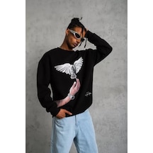 Tarzyeri Erkek Güvercin Baskılı Üç İplik Pamuklu Sweatshirt - Siyah Siyah