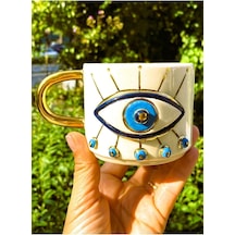 Premium Kalite 24 Ayar Altın Detaylı Nazar Mug El Yapımı 250 Ml Evil Eye Handmade Beyaz - Çok Renkli