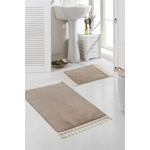 Vl Yıkanabilir Premium Ponpon Saçaklı Kaymaz Taban Post Peluş Banyo Paspası 2'li Takım Antrasit Kahverengi
