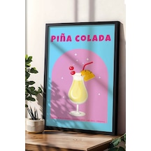 Pina Colada Temalı Renkli Çerçeveli Tablo Modern Mutfak Ve Bar Duvar Dekoru Siyah