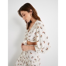 Koton Crop Bluz Balon Kollu Çiçekli Önden Bağlamalı Kahverengi Desenli 4sak60140ew Kahverengi
