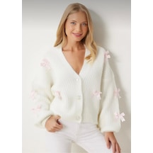 Flex Fashıon Kadın Oversize Fiyonk Detaylı Kurdaleli Yumoş Triko Hırka Ekru - 708830991 Ekru - 708830991 Ekru