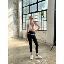 Lismina Beli Beyaz Biye Detaylı Siyah Toparlayıcı Spor Tayt Siyah