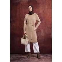 Armine Trend Kemer Detaylı Bisiklet Yaka Uzun Kollu Asimetrik Dokulu Triko Tunik Koyu Taş 26ktd410 Koyu Kahverengi