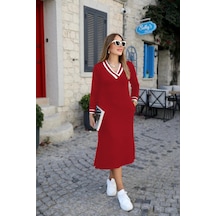 Veraura Lifestyle Kadın Uzun Kollu V Yakalı Yandan Yırtmaçlı Iki Iplik Midi Elbise Kırmızı