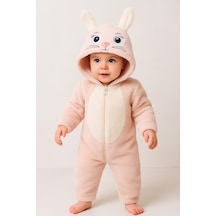 Unisex Bebek Kapüşonlu Tavşan Desenli Peluş Tulum Bej