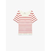 Koton Pamuklu Bisiklet Yaka Kısa Kollu Çizgili Tişört Kırmızı Çizgili 6skg10668ak