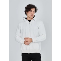 Erkek 3 İplik Pamuklu Kapüşonlu Tam Fermuarlı Cepli Hoodie Sweatshirt - Beyaz