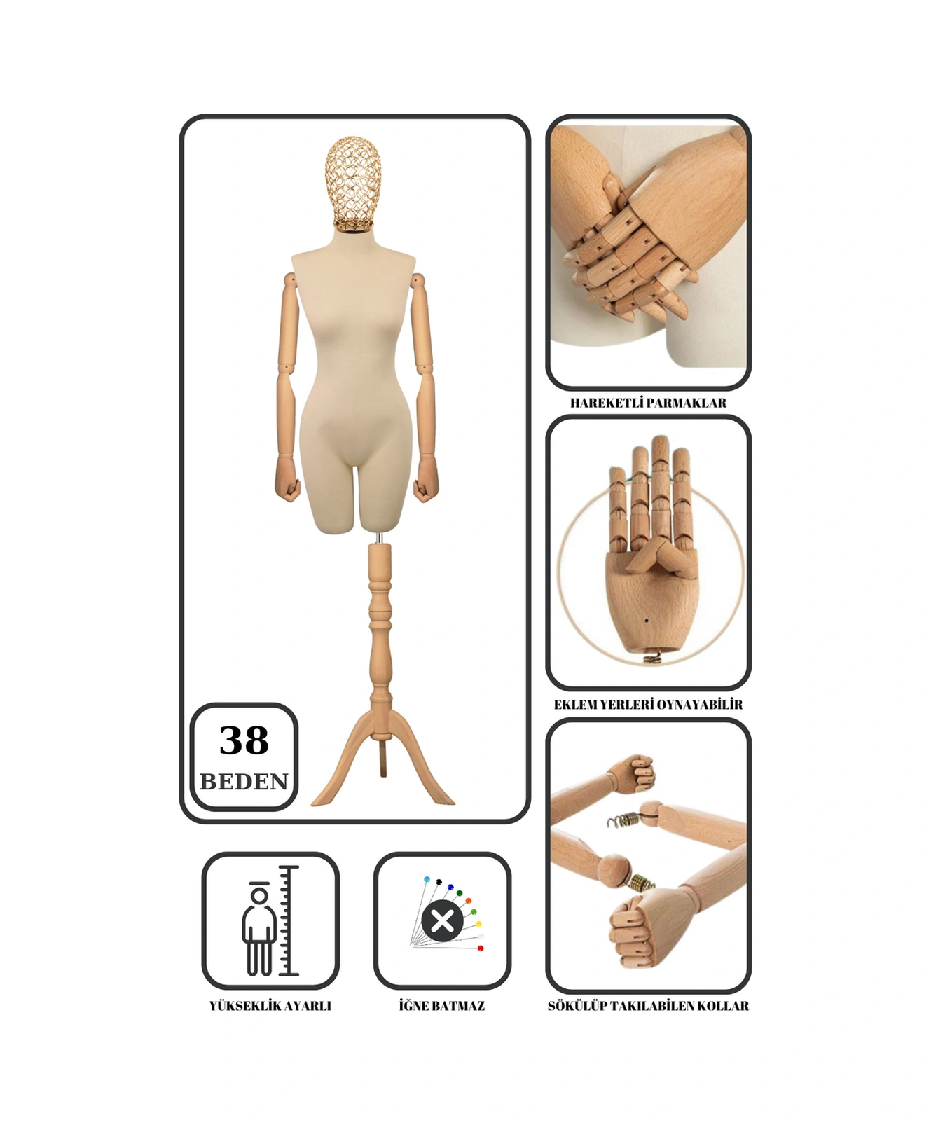 38 Beden Yüksek Kalite Tel Kafalı Ahşap Kollu Pantolon Giyebilen Terzi Mankeni