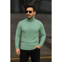 Butik İstanbul Erkek Balıkcı Yaka Bağazlı Triko Kazak Pamuklu Kalın Fitilli Dokuma, Regular Fit Uzun Kollu Kışlık Model - Mint Yeşili