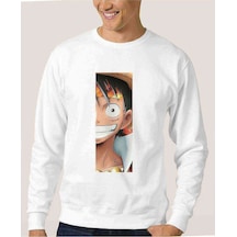 Anime One Piece Amiral Baskılı Beyaz Erkek Örme Sweatshirt
