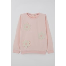 Breeze Kız Çocuk Sweatshirt Triko Papatya Aplikeli 4-8 Yaş , Pudra