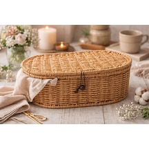Morponi Rattan Kapaklı Düzenleyici Sepet Doğal Rattan Organizer Oval 28 Cm 1 Adet Kahverengi