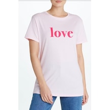 Kadın Pembe Love Baskılı T-Shirt Açık Pembe
