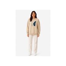 Herkesemoda Kelebekbaskı Detaylı Şardonlu 2 İplik Bisiklet Yaka Sweatshirt Bej