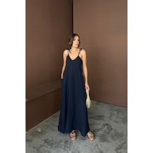 Askılı Uzun Salaş Müslin Elbise - Lacivert Lacivert