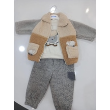 Lamato Baby Kuzu Nakışlı Montlu Bebe Erkek 3'lü Takım Gri