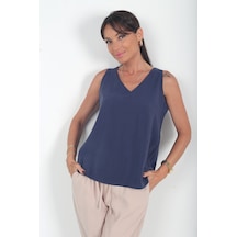 By Saygı Kadın V Yaka Pervazlı İtalyan Cotton Lyocell Bluz Lacivert