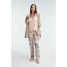 Man5840-1177 Anıl Ev Giyim Man5840 Anıl 5840 İp Askılı V Yaka Kadın Viskon Çiçek Desenli Yazlık Dantel Detaylı Pijama Takımı Sabahlık Koyu Ten
