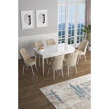 Canisa Concept Han Serisi 70x114 Açılabilir Mdf Mutfak Masası Takımı Beyaz Masa 6 Krem Sandalye Masa Beyaz Sandalyeler Krem