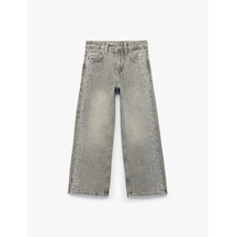 Koton Taş İşlemeli Pamuklu Geniş Paça Denim Pantolon Gri 7wkg40019ad
