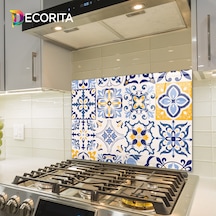 Decorita Mavi Çini Desen  Cam Ocak Arkası Koruyucu | 49,5cm x76cm