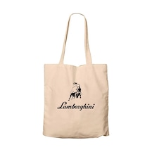 Lamborghini Text Logo Krem Fermuarlı Bez Çanta Gabardin
