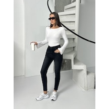 Kadın Bıyık İşlemli Kot Dar Paça Jeans Siyah