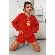 Benroma 3 İplik Penye Ayıcık Baskılı Unisex Sweatshırt Kırmızı