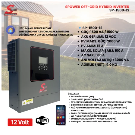 Spower Sp-1500-12v 1.5kw 1500 Mppt Tam Sinüs Off-grid Hybrid Akıllı İnverter