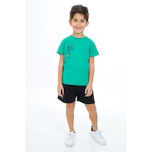 Toontoy Kids Toontoy Erkek Çocuk 2'li Takım Baskılı Bisiklet Yaka Tişört & Beli Lastikli Cepli Şort-tk24366 Koyu Yeşil