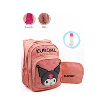 3 Gözlü Tüylü Kuromi İlkokul Çantası + Beslenme + Suluk - Kuromi İlkokul Kız Çantası Mini Kafalı Turuncu