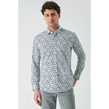 İmza Uzun Kollu Baskılı Garnili Pamuklu Casual Slim Fit Dar Kesim Gömlek 1004240211-su Yeşili Su Yeşili