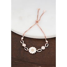 Zirkon Taşlı Rose Papatya Gümüş Bayan Bileklik -7638 Gümüş