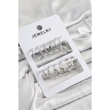 Pirinç Karışık Halka Model Gümüş Renk 6 Çift Kadın Küpe Set - Tj-bkp10877 Altın