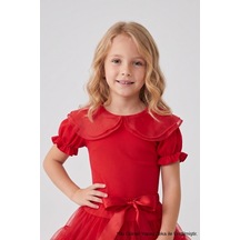 Le Mabelle Kırmızı Kısa Kollu Organze Yakalı Kız Çocuk Tişört Kırmızı
