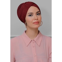 Hürrem Bone Bordo Pratik Hazır Geçmeli Tesettür Bone Fukuro Piliseli Çapraz B Bordo