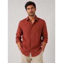 Slim Fit Uzun Kol %100 Keten Nefes Alabilen Kumaştan Hediye Kutulu Erkek Gömlek Fs-004170 - Kiremit-3261